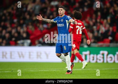 LONDON, UK - 25. Februar 2024: Enzo Fernandez von Chelsea reagiert beim Finale des EFL Carabao Cup zwischen Chelsea FC und Liverpool FC in der Wembley St Stockfoto