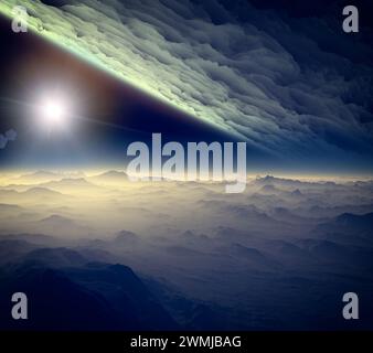 Planeten und Exoplaneten von unerforschten Galaxien. Sci-Fi. Neue Welten zu entdecken. Besiedlung und Erforschung von Nebel und Galaxien. 3D Rendern Stockfoto