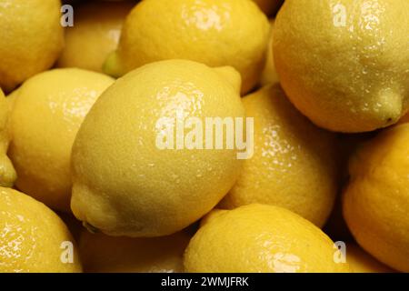 Frische Zitronen mit Wassertropfen als Hintergrund, Nahaufnahme Stockfoto