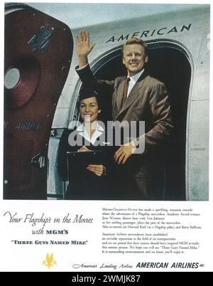 1951 American Airlines Printwerbung mit Jane Wyman als Stewardess und Van Johnson in MGM's „Three Guys Named Mike“. Stockfoto