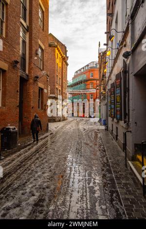 Mathew St Liverpool im Schnee Stockfoto