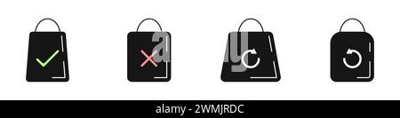 Symbol für Einkaufspaket. Warenkorb mit Griffen Vektor. Abreißbeutel aus Kunststoff. Zahlung oder Stornierung des Kaufs, Wiederholungskauf. Stock Vektor