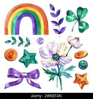Eine Reihe von Aquarellbildern, Attribute von Glück und Reichtum für St. patrick's Day. Helle Farben, irisch. Aufkleber, Papierschnitt, Sammelalbum Stockfoto