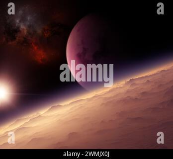 Planeten und Exoplaneten von unerforschten Galaxien. Sci-Fi. Neue Welten zu entdecken. Besiedlung und Erforschung von Nebel und Galaxien. 3D Rendern Stockfoto