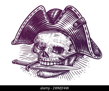 Piratenschädel im Hut mit Schneide in den Zähnen. Handgezeichnete Illustration im Vintage-Gravurstil Stock Vektor