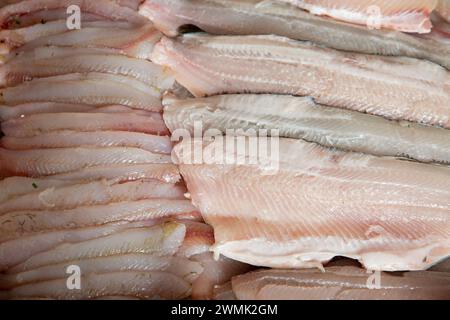 Frischer Fisch und Meeresfrüchte auf dem Markt. Nahaufnahme der Weißfischfilet im Display Stockfoto