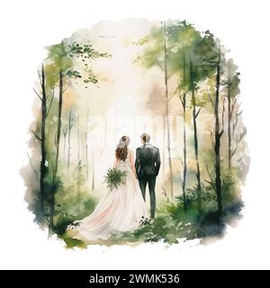 Aquarellsilhouette-Liebhaberpaar, das Hand im Wald hält. Aquarell-Hochzeitsillustration Stockfoto