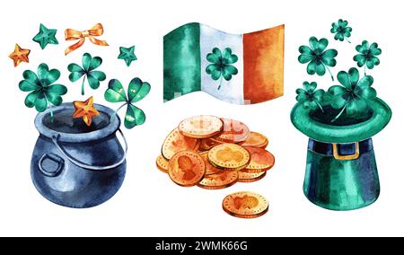 Set mit Aquarellelementen für St. Patrick's Day isoliert auf weißem Hintergrund. Traditionelle Urlaubsattribute. Zeichentrickschilder für das Design von Iren Stockfoto