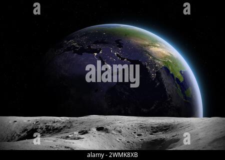 Blick auf den Planeten Erde von der Mondoberfläche. Elemente dieses Bildes werden von der NASA eingerichtet Stockfoto