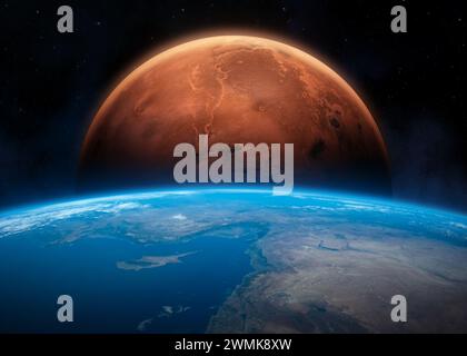 Erde, Mars im Weltraum. Wunderschöner blauer Planet Erde und roter Planet Mars Beobachtung aus dem Weltraum. Elemente dieses Bildes, bereitgestellt von der NASA. Stockfoto
