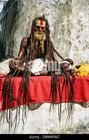 Hinduheiliger Mann mit strömenden Dreadlocks beim Gebet in Boudhnath; Kathmandu Valley, Nepal Stockfoto