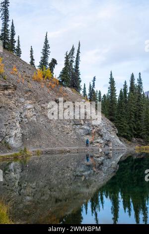 Eine Frau wandert mit wunderschönen Herbstfarben entlang des Horseshoe Lake Trail im Denali National Park, Alaska, USA Stockfoto