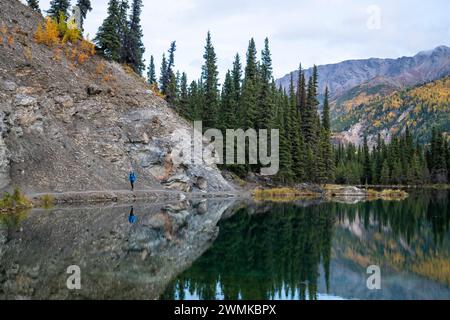 Eine Frau wandert mit wunderschönen Herbstfarben entlang des Horseshoe Lake Trail im Denali National Park, Alaska, USA Stockfoto