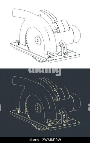 Stilisierte Vektorillustration isometrischer Blaupausen moderner Kreissäge Stock Vektor