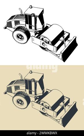 Stilisierte Vektordarstellungen von Straßenwalzenverdichtern Stock Vektor