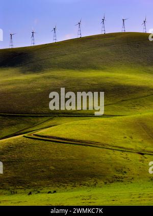 Die Kühe im Tal werden von Windturbinen gezüchtet, die einen Kamm säumen. Windturbinen säumen einen Bergrücken über einem fruchtbaren Ackertal Stockfoto