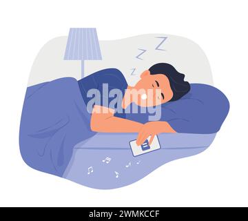 Mann schläft im Bett mit Handy in der Hand und schnarcht nachts Stock Vektor