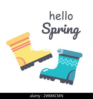 Handgezeichnetes Design im Frühling. Paare verschiedener Gummistiefel. Glücklicher Frühling. Vektorabbildung. Stock Vektor