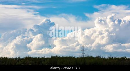 Große Sturmwolken, die sich an einem warmen Sommerabend hinter großen Stromübertragungsleitungen am Horizont bilden; Edmonton, Alberta, Kanada Stockfoto