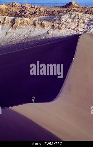 Wanderer, die auf dem Gipfel einer großen Düne in der Atacama-Wüste spazieren, einer Region im Norden Chiles, die als der trockenste Ort der Erde gilt. Loca... Stockfoto
