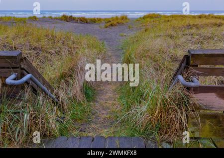 Treppen und Geländer zum Weg durch das Strandgras und die Sandküste mit Blick auf den Pazifischen Ozean unter einem grauen, bewölkten Himmel Stockfoto