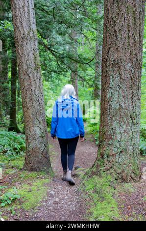 Blick von hinten auf eine Frau, die auf einem unbefestigten Pfad durch den Watershed Forest Trail geht; Delta, British Columbia, Kanada Stockfoto