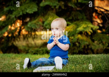 Junge mit Down-Syndrom, der an einem warmen Herbstnachmittag in einem Stadtpark mit einem Buch und Gebärdensprache auf Gras sitzt; Leduc, Alberta, Kanada Stockfoto