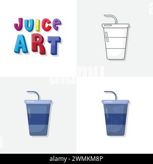 Saftkunstskizze, Malseite, flache und realistische Saft-Fast-Food-Illustration für Kinder Stock Vektor
