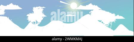 Vektor-Illustration der Landschaft pakistan Dorf Karikatur Hintergrund Poster, Karte, Vorlage von grünen Wiesen und umgeben von Bäumen und Bergen Stock Vektor