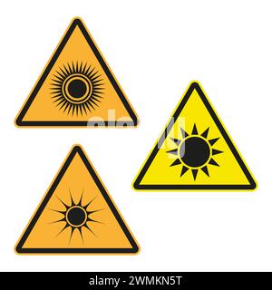 Warnschild Gefahr durch Sonneneinstrahlung. Vorsicht Warnung vor UV-Strahlung. Schützen Sie vor hellem Licht. Vektorabbildung. EPS 10. Stock Vektor