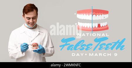 Banner zum nationalen False-Teeth-Tag mit Zahnarzt und Kiefermodell Stockfoto