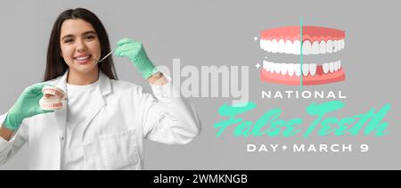 Banner zum nationalen False-Teeth-Tag mit Zahnarzt und Kiefermodell Stockfoto