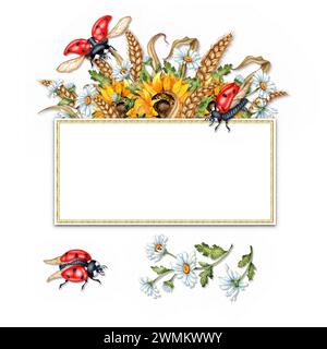 Aquarellillustration eines Straußes aus gelben Sonnenblumen, weißen Gänseblümchen, Weizenohren und roten Marienkäfern mit Platz für Text. Erntefest. Kompott Stockfoto