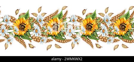 Aquarellillustration horizontales Muster von Sonnenblumen, Gänseblümchen, Weizen isoliert auf einem weißen Hintergrund. Handgemachte Blumen zum Hochzeitstag, bir Stockfoto