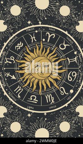 Zodiac Rad mit Sonne und Mond Zeichen, Astrologie Karte, mystische Horoskop Symbole auf schwarzem Hintergrund, magische Vektor Illustration im Boho Stil, für Stock Vektor