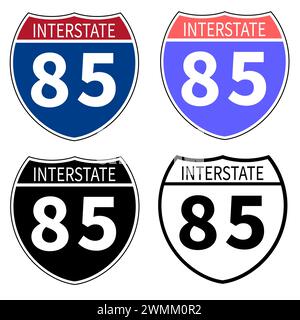 Symbol der Interstate Highway 85 Road. Straßenschild für Interstate Highway 85. Schwarzes Straßensymbol für Interstate Highway 85. Flacher STYLE. Stockfoto