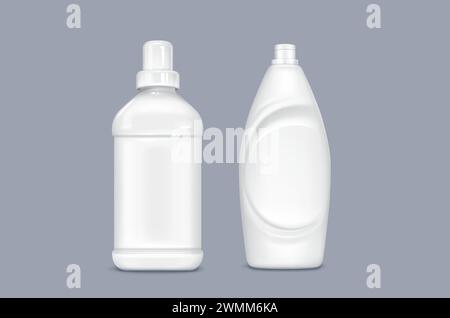 Modell der Flasche mit Gel oder Flüssigwaschmittel mit Deckel. Realistischer 3D-Vektor-Illustrationssatz des leeren weißen Kunststoffbehälters mit Haushaltschemikalien. Verpackung für Wäsche- und Reinigungsprodukte Stock Vektor