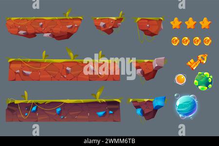 Bodenplattform, schwimmende Insel und Elemente für das Design der Game-ui. Land auf Cartoon-Ebene mit grünem Gras, Steinen und Edelsteinkristallen im Boden, magischen neonleuchtenden Kugeln, goldenen Sternen, Schlüsseln und Münzsymbolen. Stock Vektor