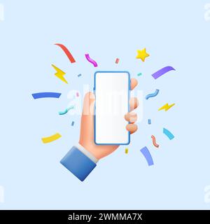 3D-Cartoon-Handheld-Smartphone. 3D-Hand mit Smartphone mit leerem Bildschirm für Mockup Mobile. 3D-Rendering. Vektorabbildung Stock Vektor