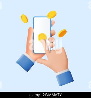 3. Hand eines Geschäftsmannes, der ein Smartphone hält, umgeben von goldener Münze, Online-Shopping. Mobile Online-Zahlung und -Überweisung. Finanzen, Investitionen, Stock Vektor