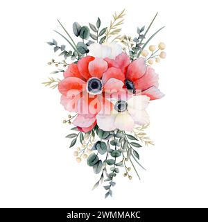 Rote und weiße Anemonen Blumenstrauß mit Feldkräutern, Eukalyptus und Gras Aquarellillustration für Grußkarten Stockfoto