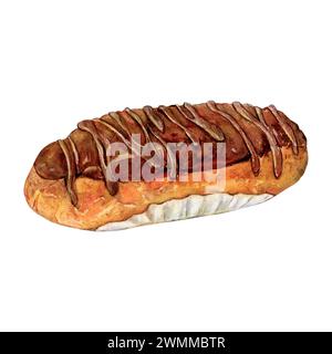 Kuchen Eclair Schokolade Aquarell Zeichencreme. Glasur Bäckerei leckeres Dessert Illustration. Süßes Tagesgebäck Aquarelle Karamellsauce Puffs Choux Stockfoto