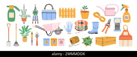 Satz Gartenwerkzeuge. Sprühgerät, Samen, Stiefel, Box, Schürze, Rechen und mehr. Vektorabbildung Stock Vektor
