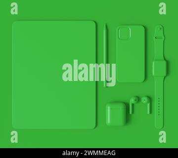 Computer-Tablet aus Aluminium mit Eingabestift, Smart Watch, Telefon und Kopfhörern auf monochromem Hintergrund. 3D-Renderkonzept der kreativen Designerausrüstung und Stockfoto