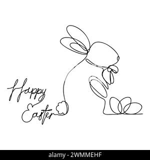 One Continious Line Happy Easter Hase and Eggs White Background Stockfoto