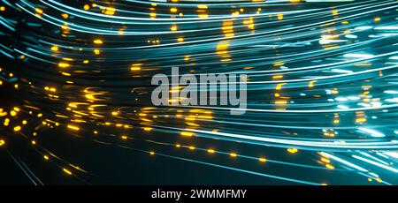 Abstrakter Technologiehintergrund mit beweglichen Bokeh-Lichtern. Stockfoto