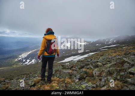 Allein der Wanderer blickt über ein riesiges bergiges Gelände, umgeben von dem weichen Licht eines bewölkten Himmels Stockfoto