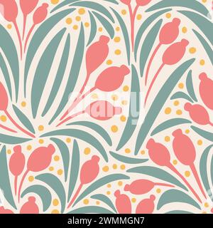 Blumenschmuck Hand gezeichnete Blumen und Blätter abstrakte nahtlose Muster Hintergrund Stockfoto
