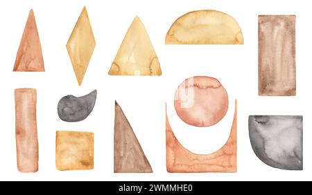 Handgezeichnetes abstraktes geometrisches Elementset mit Aquarell Stockfoto
