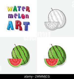 Wassermelonen-Kunstskizze, Malseite, flache und realistische Wassermelonen-Frucht-Illustration für Kinder Stock Vektor